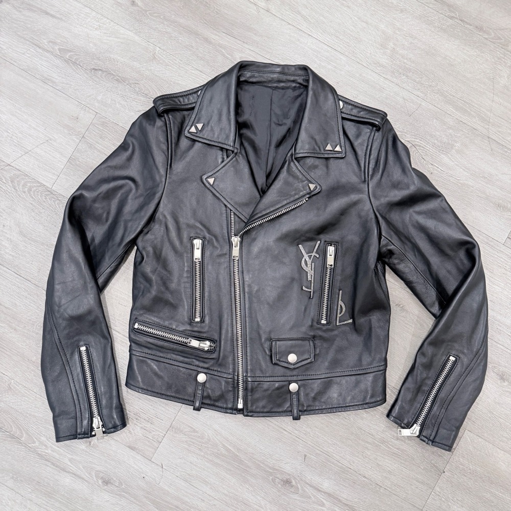 Saint Laurent Paris YSL Logo Star Lambskin Leather Biker Moto Jacket Black L